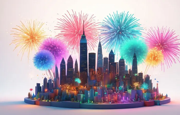 Festive Atmosphere with City Fireworks Scene 3d Model Illustration
